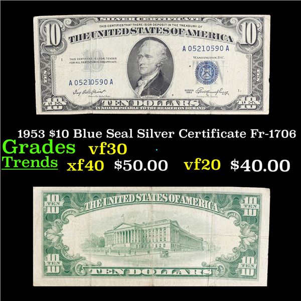 1953 $10 Blue Seal Silver Certificate Fr-1706 Grades vf++