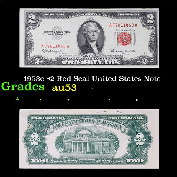 1953c $2 Red Seal United States Note Grades Select AU