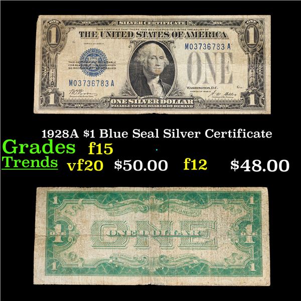 1928A $1 Blue Seal Silver Certificate Grades f+