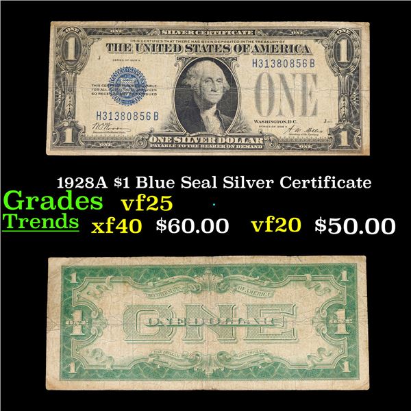 1928A $1 Blue Seal Silver Certificate Grades vf+