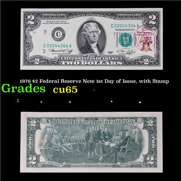 1976 $2 Federal Reserve Note 1st Day of Issue, with Stamp Grades Gem CU