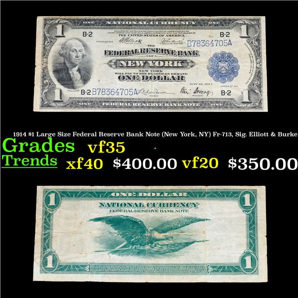 1914 $1 Large Size Federal Reserve Bank Note (New York, NY) Fr-713, Sig. Elliott & Burke Grades vf++