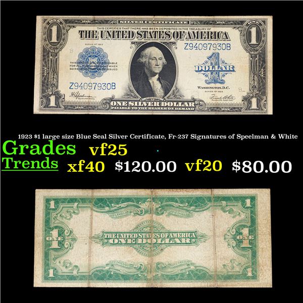 1923 $1 large size Blue Seal Silver Certificate, Fr-237 Signatures of Speelman & White Grades vf+