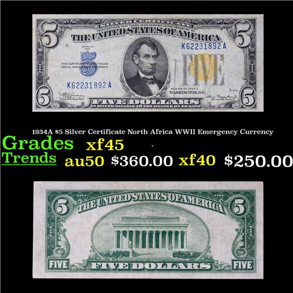 1934A $5 Silver Certificate North Africa WWII Emergency Currency Grades xf+