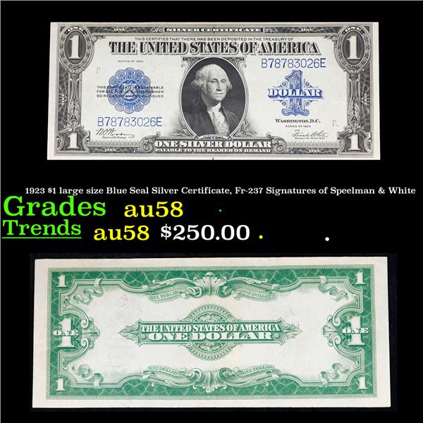 1923 $1 large size Blue Seal Silver Certificate, Fr-237 Signatures of Speelman & White Grades Choice