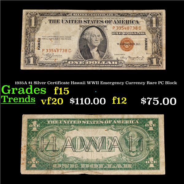 1935A $1 Silver Certificate Hawaii WWII Emergency Currency Rare PC Block Grades f+