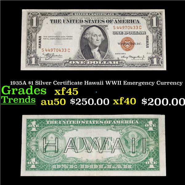 1935A $1 Silver Certificate Hawaii WWII Emergency Currency Grades xf+