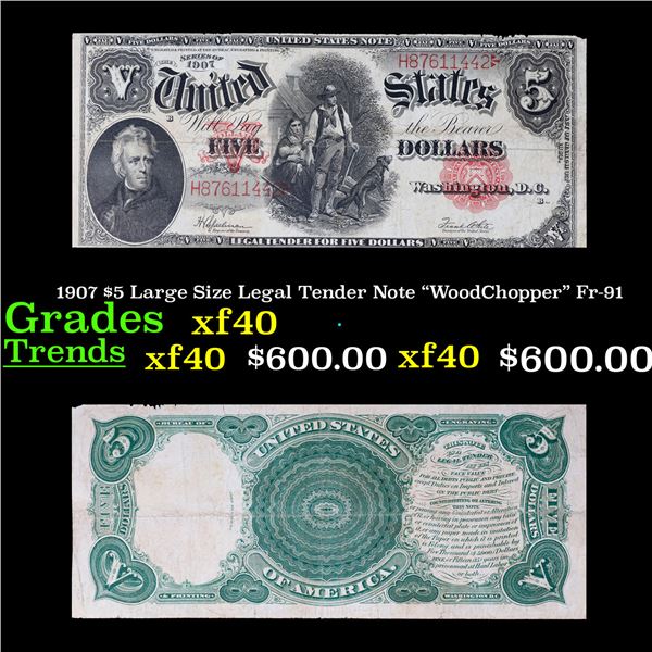 1907 $5 Large Size Legal Tender Note "WoodChopper" Fr-91 Grades xf