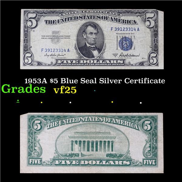 1953A $5 Blue Seal Silver Certificate Grades vf+