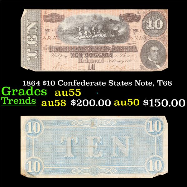 1864 $10 Confederate States Note, T68 Grades Choice AU