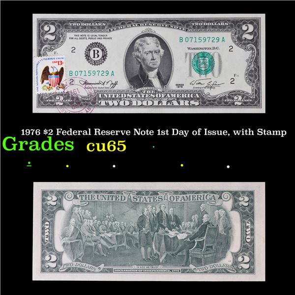 1976 $2 Federal Reserve Note 1st Day of Issue, with Stamp Grades Gem CU