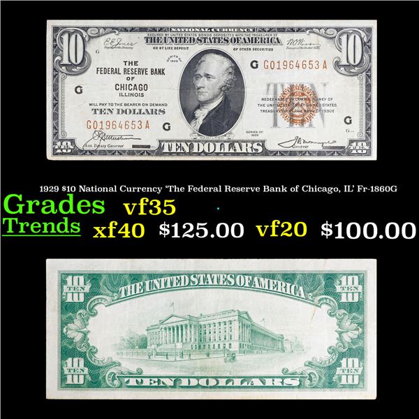 1929 $10 National Currency 'The Federal Reserve Bank of Chicago, IL' Fr-1860G Grades vf++
