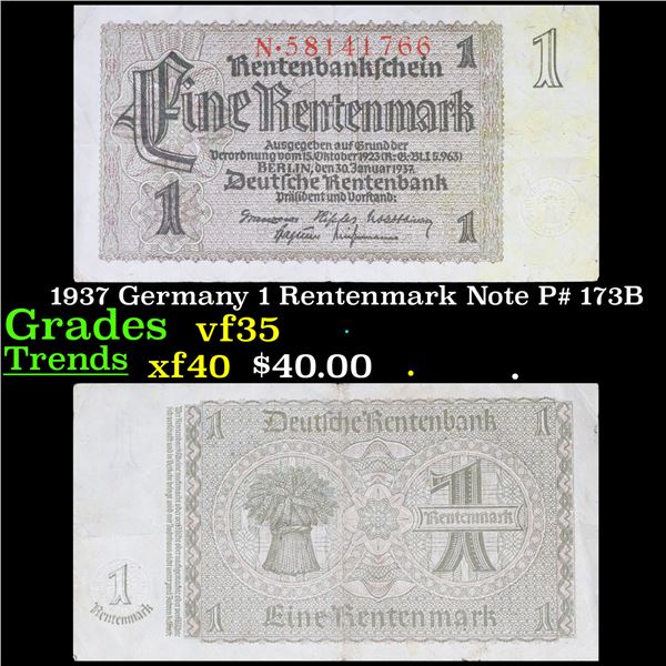 1937 Germany 1 Rentenmark Note P# 173B Grades vf++