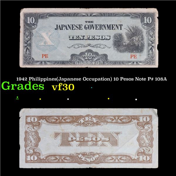 1942 Philippines(Japanese Occupation) 10 Pesos Note P# 108A Grades vf++