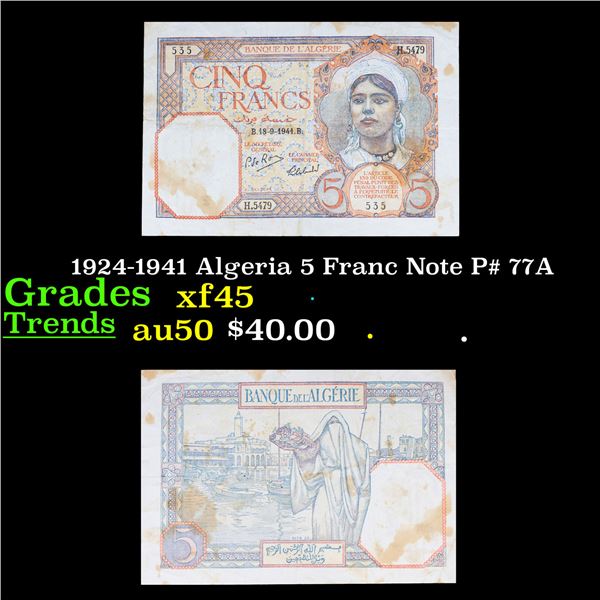 1924-1941 Algeria 5 Franc Note P# 77A Grades xf+
