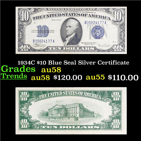 1934C $10 Blue Seal Silver Certificate Grades Choice AU/BU Slider