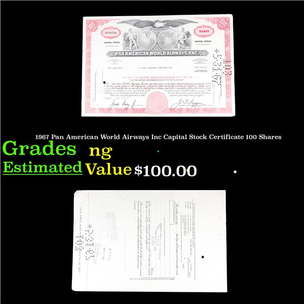 1967 Pan American World Airways Inc Capital Stock Certificate 100 Shares Grades