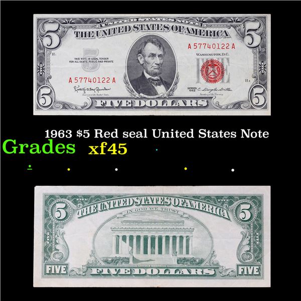 1963 $5 Red seal United States Note Grades xf+