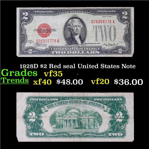 1928D $2 Red seal United States Note Grades vf++