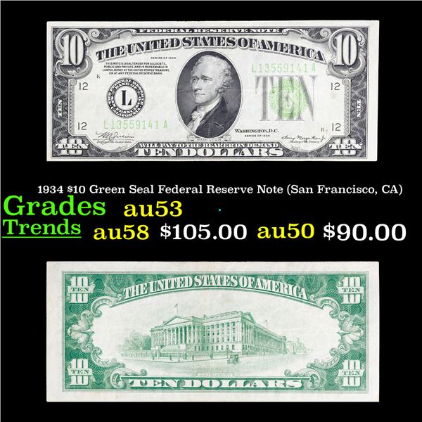 1934 $10 Green Seal Federal Reserve Note (San Francisco, CA) Grades Select AU