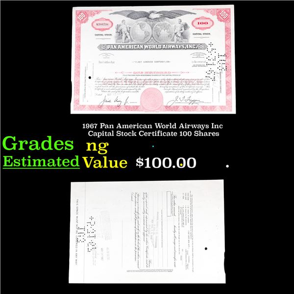 1967 Pan American World Airways Inc Capital Stock Certificate 100 Shares Grades