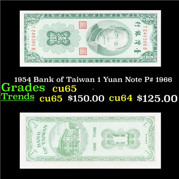 1954 Bank of Taiwan 1 Yuan Note P# 1966 Grades Gem CU
