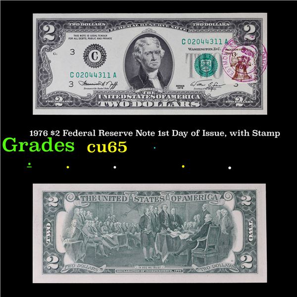 1976 $2 Federal Reserve Note 1st Day of Issue, with Stamp Grades Gem CU