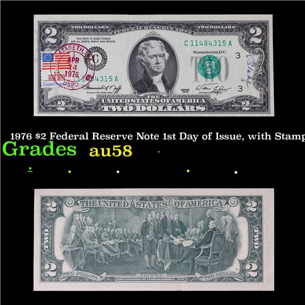 1976 $2 Federal Reserve Note 1st Day of Issue, with Stamp Grades Choice AU/BU Slider
