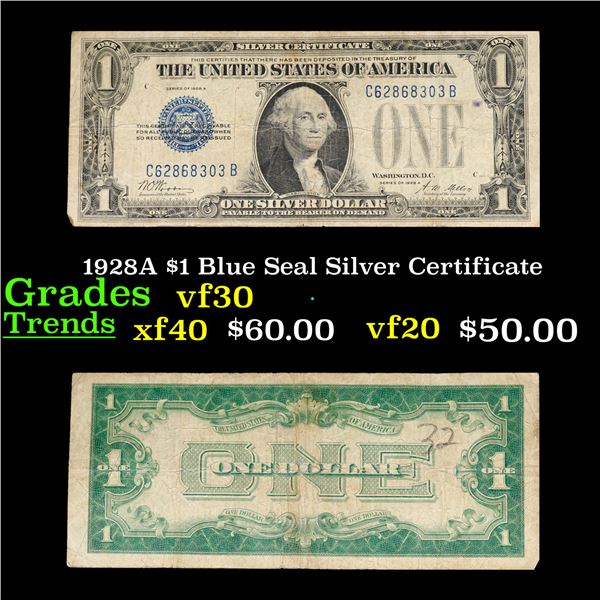 1928A $1 Blue Seal Silver Certificate Grades vf++