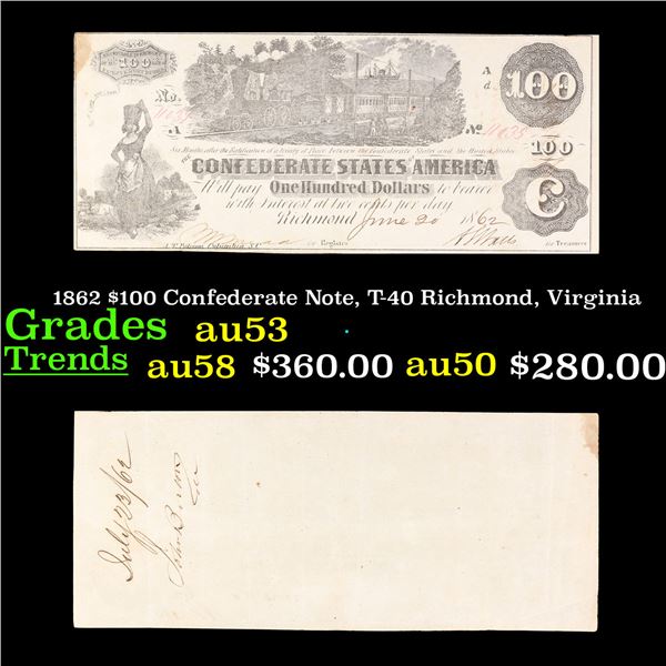 1862 $100 Confederate Note, T-40 Richmond, Virginia Grades Select AU