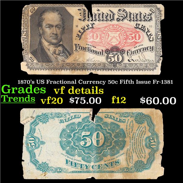 1870's US Fractional Currency 50c Fifth Issue Fr-1381 Grades vf details