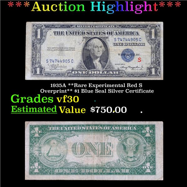 ***Auction Highlight*** 1935A **Rare Experimental Red S Overprint** $1 Blue Seal Silver Certificate 