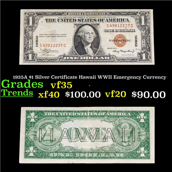 1935A $1 Silver Certificate Hawaii WWII Emergency Currency Grades vf++