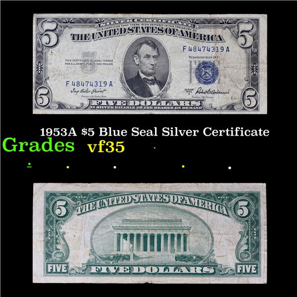 1953A $5 Blue Seal Silver Certificate Grades vf++