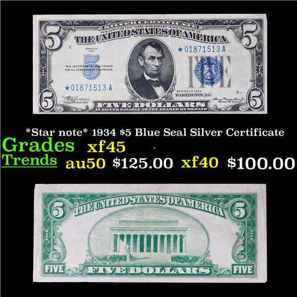 *Star note* 1934 $5 Blue Seal Silver Certificate Grades xf+