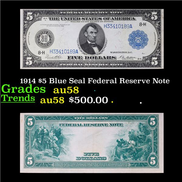 1914 $5 Blue Seal Federal Reserve Note Grades Choice AU/BU Slider