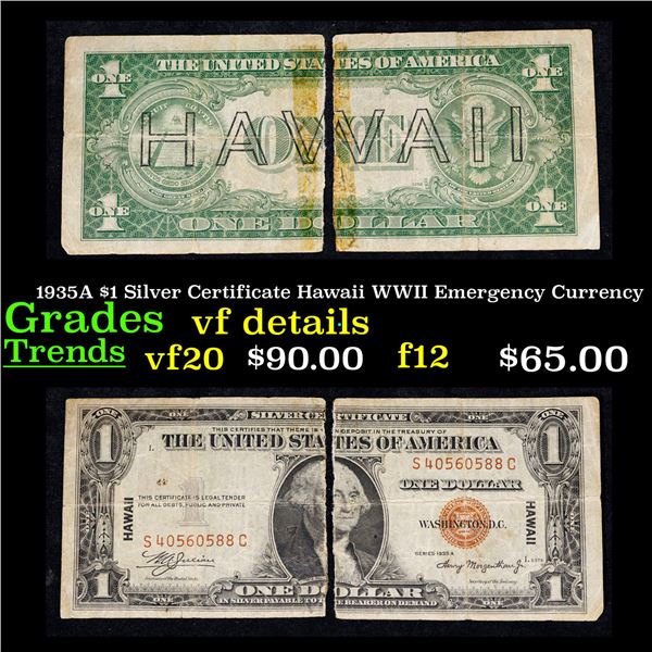 1935A $1 Silver Certificate Hawaii WWII Emergency Currency Grades vf details