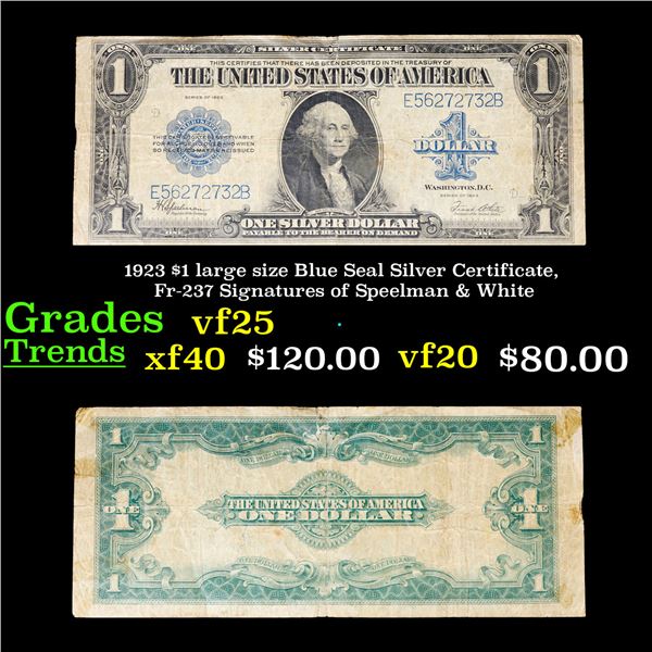 1923 $1 large size Blue Seal Silver Certificate, Fr-237 Signatures of Speelman & White Grades vf+