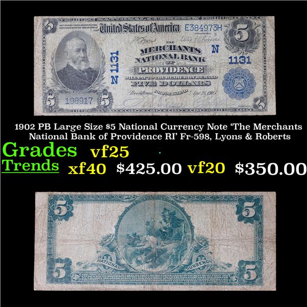 1902 PB Large Size $5 National Currency Note 'The Merchants National Bank of Providence RI' Fr-598, 