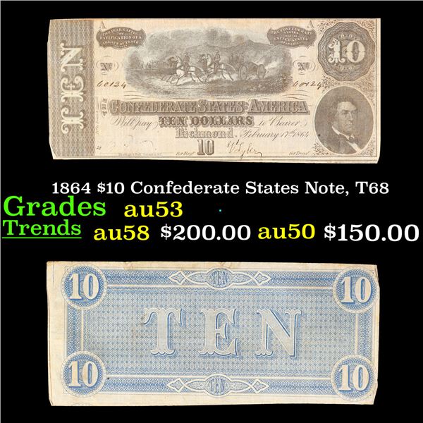 1864 $10 Confederate States Note, T68 Grades Select AU