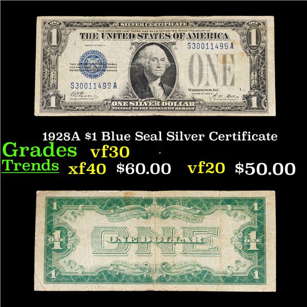 1928A $1 Blue Seal Silver Certificate Grades vf++