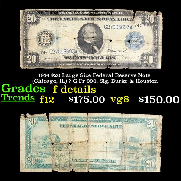1914 $20 Large Size Federal Reserve Note (Chicago, IL) 7-G Fr-990, Sig. Burke & Houston Grades f det