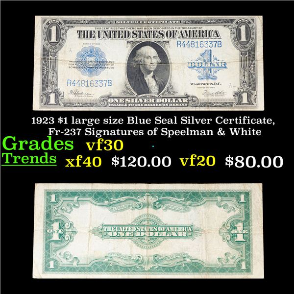 1923 $1 large size Blue Seal Silver Certificate, Fr-237 Signatures of Speelman & White Grades vf++