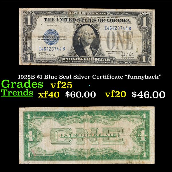 1928B $1 Blue Seal Silver Certificate "funnyback" Grades vf+