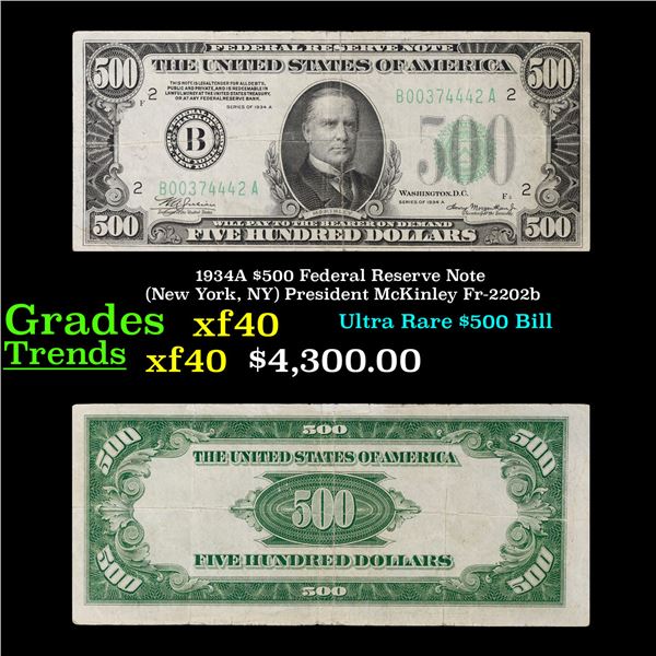 1934A $500 Federal Reserve Note (New York, NY) President McKinley Fr-2202b Grades xf