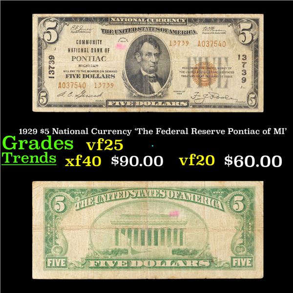 1929 $5 National Currency 'The Federal Reserve Pontiac of MI' Grades vf+