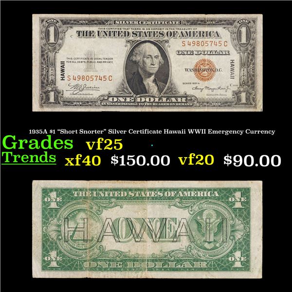 1935A $1 "Short Snorter" Silver Certificate Hawaii WWII Emergency Currency Grades vf+