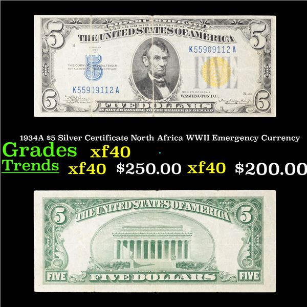 1934A $5 Silver Certificate North Africa WWII Emergency Currency Grades xf