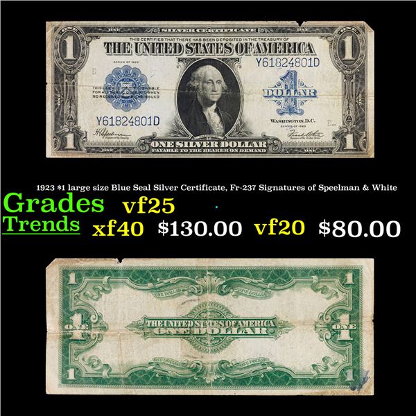 1923 $1 large size Blue Seal Silver Certificate, Fr-237 Signatures of Speelman & White Grades vf+