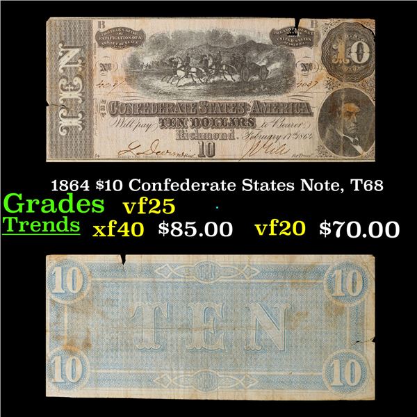 1864 $10 Confederate States Note, T68 Grades vf+